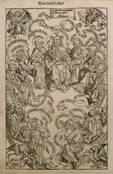 Deus em glória com santos, ilustração do &39;Liber Chronicarum&39; de Hartmann Schedel (1440-1514), publicado em Nuremberg, 1493